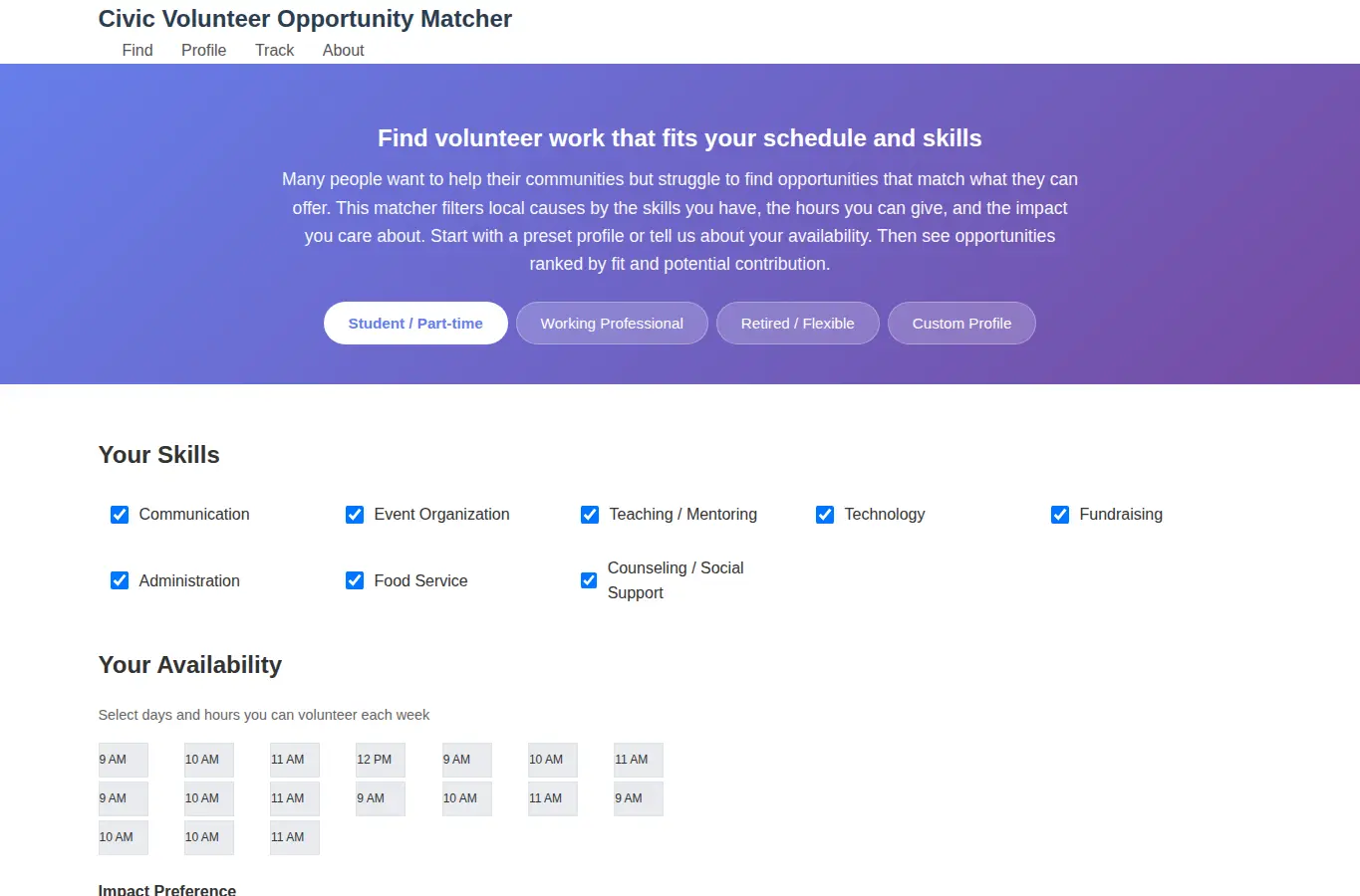 Screenshot of Civic Volunteer Opportunity Matcher interface showing the project page in use
